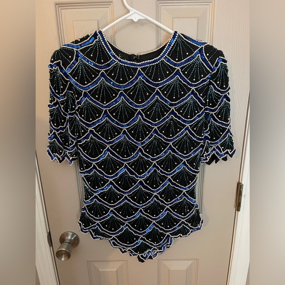 Laurence Kazar Tops - Laurence Kazar vintage beaded sequined silk back zip short sleeve blouse Size S.